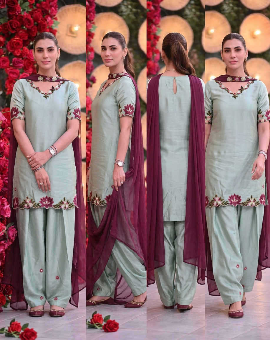 Premium 3 Piece Mint Green Silk Embroidered  Suit