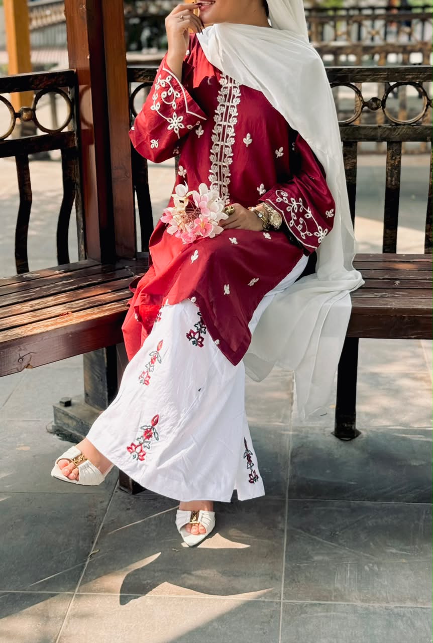 Crimson Bloom Embroidered Co-Ord Set ❤️🌸