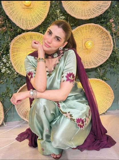 Premium 3 Piece Mint Green Silk Embroidered  Suit