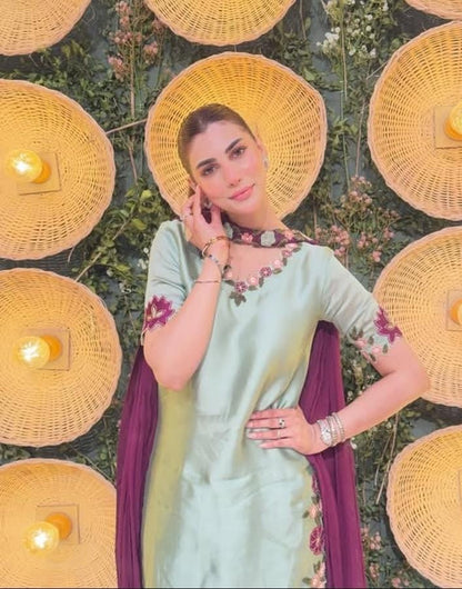 Premium 3 Piece Mint Green Silk Embroidered  Suit
