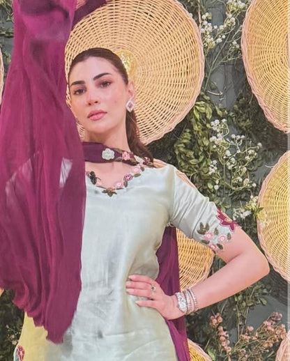 Premium 3 Piece Mint Green Silk Embroidered  Suit
