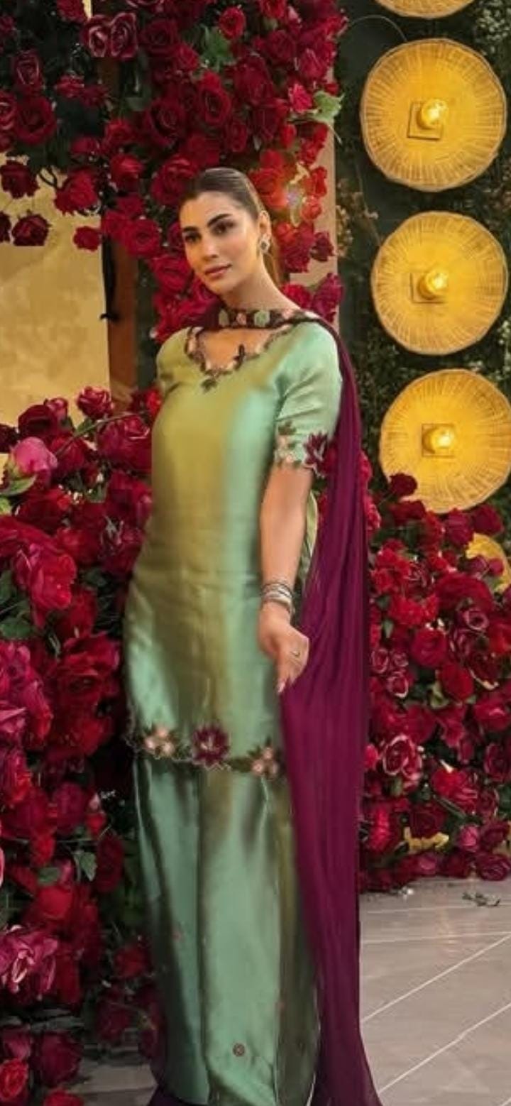 Premium 3 Piece Mint Green Silk Embroidered  Suit