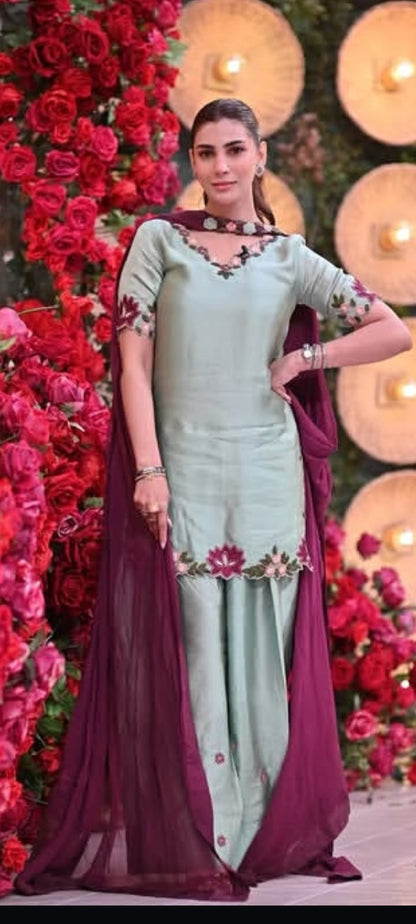 Premium 3 Piece Mint Green Silk Embroidered  Suit