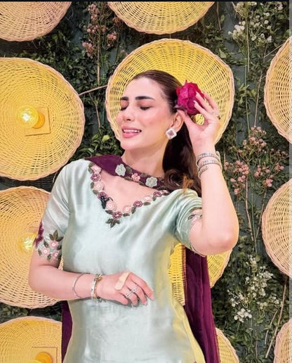 Premium 3 Piece Mint Green Silk Embroidered  Suit